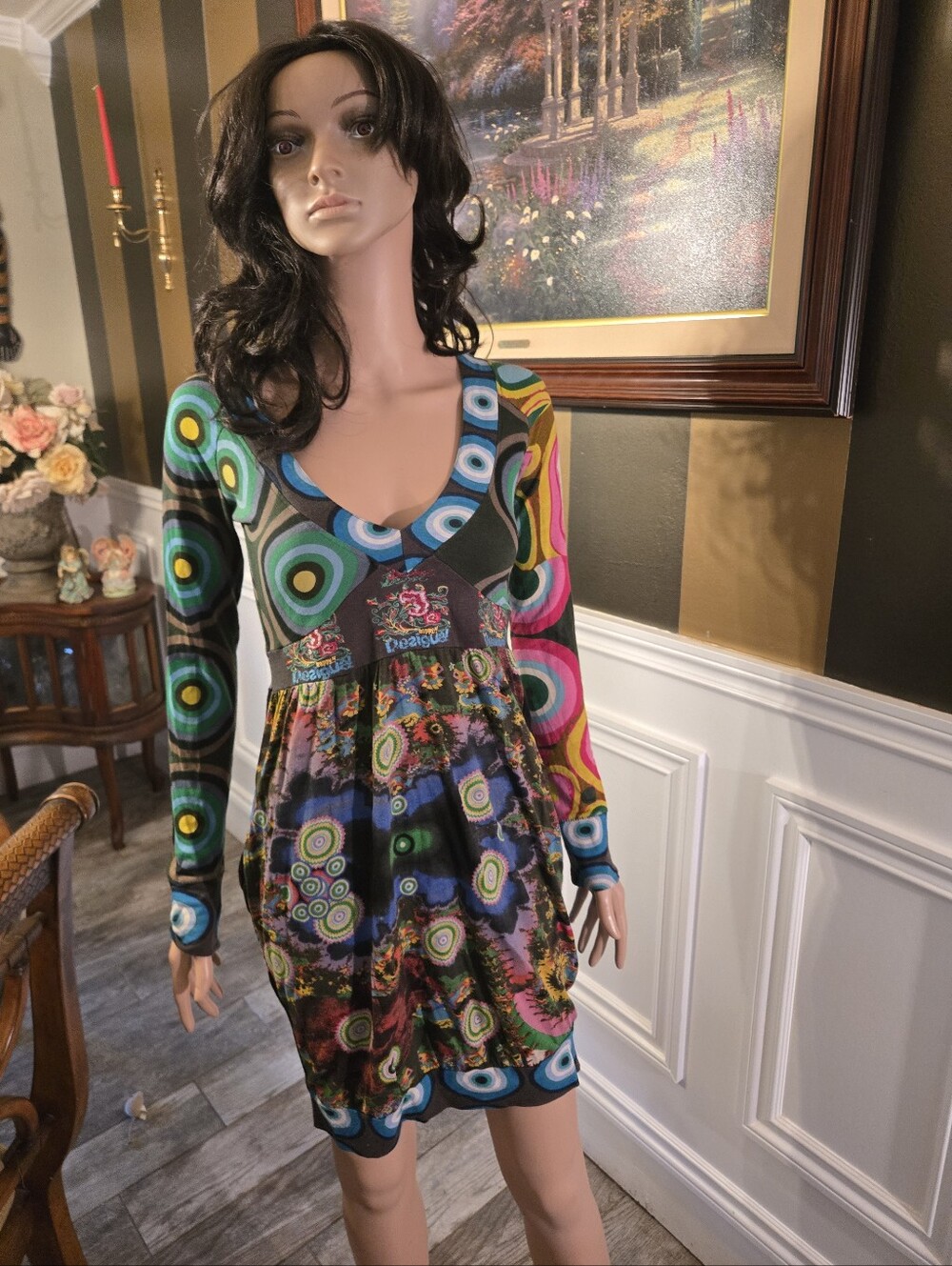Desigual Multicolor Long Sleeve V‑Neck Mini Dress Y2k